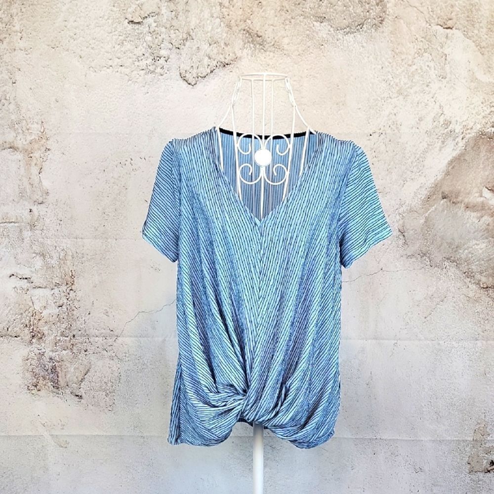 Casual Blue Striped V-Neck Twist-Front Blouse